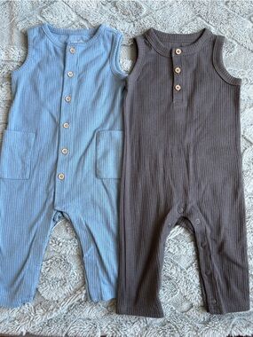 Two 6M Carters Tank Jumpsuit Kids Ribbed One-Piece Romper in Blue and Brown